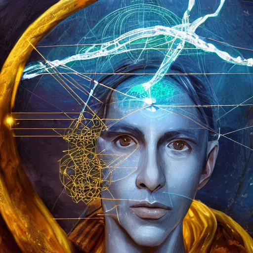 Image similar to mythological Greek Athenian Shaman of artificial intelligence creating an artificial neural network with yellow synapses on an anvil at dawn, high resolution, award winning art, trending on art station, sharp image, incredibly detailed, detailed character realistic painting