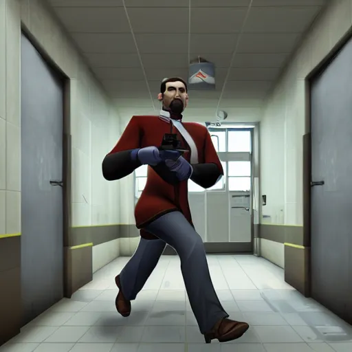 Image similar to the medic from TF2 running in an hospital corridor