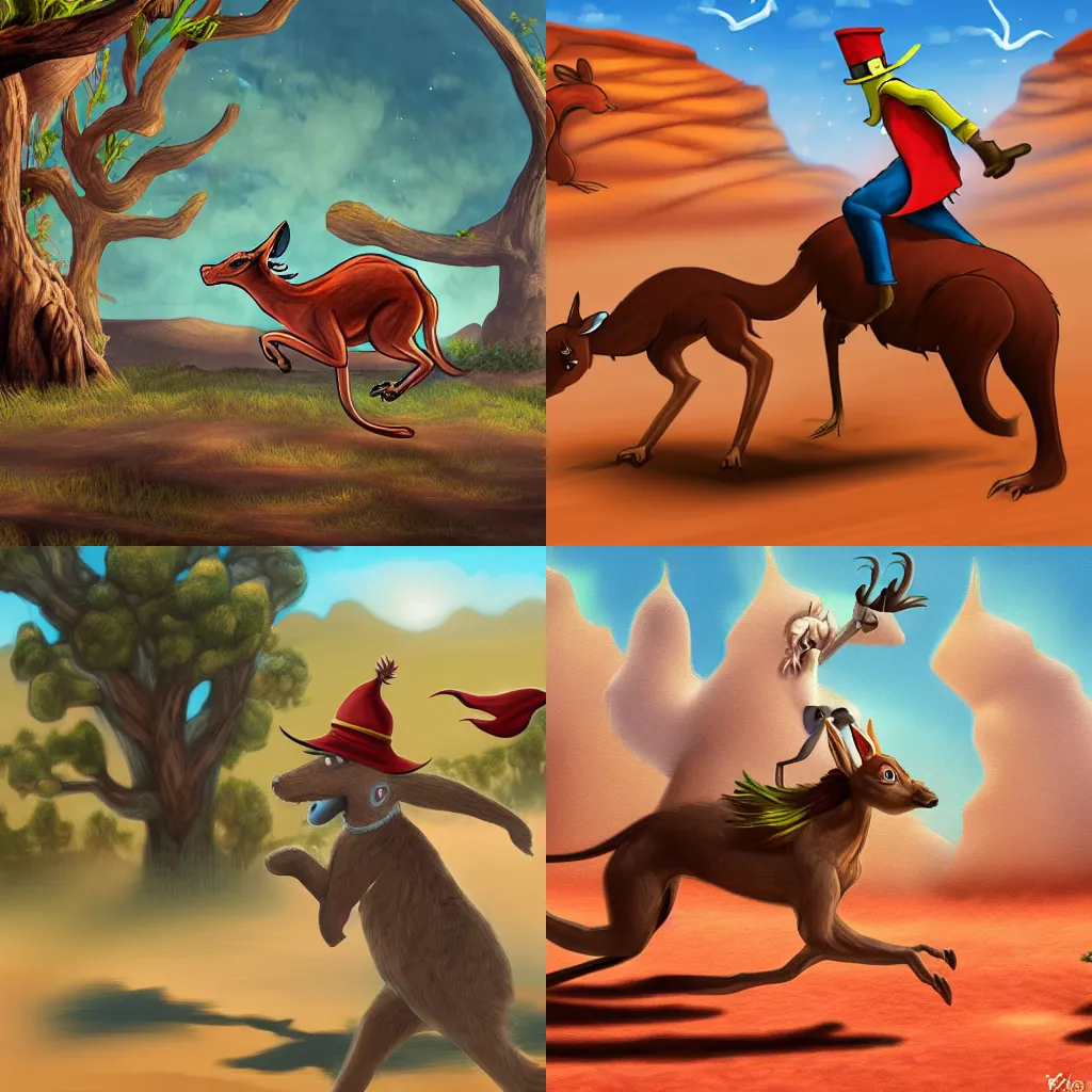 Prompt: Painting of Rincewind running away from a confused kangaroo, concept art, desert scenery, digital art