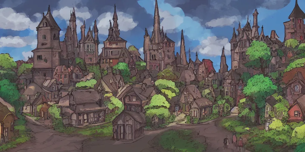 Image similar to a highly detail digital painting of a gothic town, in the style of studio ghibli