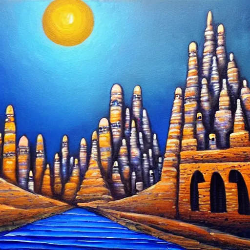 Prompt: Fantasy city with Timbuktu architecture. Landscape. Oil painting.