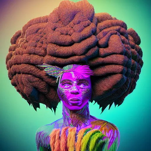 Image similar to an african marijuanna! shaman with an afro made of flowers, third eye art art by machina infinitum, complexity from simplicity, rendered in octane, mandelbulb 3 d, ambient occlusion, radiant lighting, macro photography, felt!!! texture, tribal, pastel! retrowave