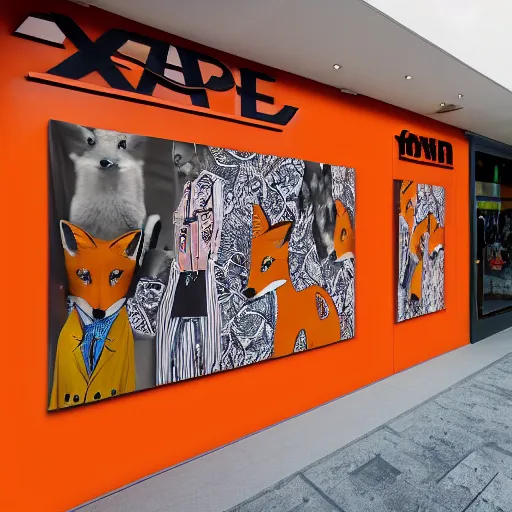 Image similar to a shopping mall picture outside of a fox-themed clothing store vendor, designed after foxes, Fox design patterns on the orange wall, realistic photo