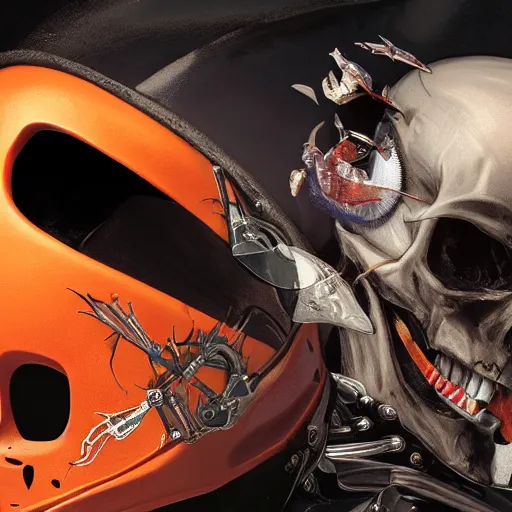 Prompt: a portrait of a skull with vampire teeth, in an orange racing helmet by sandra chevrier, detailed render, epic composition, cybernetics, 4 k realistic, cryengine, realistic shaded lighting, sharp focus, masterpiece, by matteo scalera, gary montalbano, peter elson in the style of the tokyo ghost comic