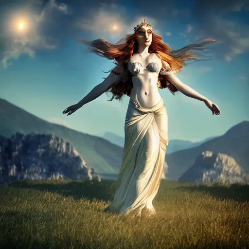 Image similar to a radiant greek mythology goddess walking in a beautiful field, mountains in the distance, medium shot, jewelry, crown, confident, gorgeous, stunning, dramatic lighting, detailed, very realistic, trending on Artstation, Cgsociety