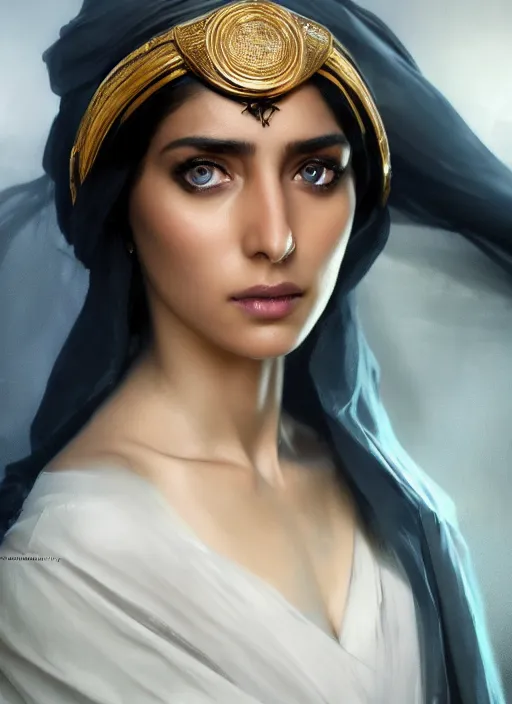 Image similar to a Photorealistic dramatic hyperrealistic render of an arab ameera al taweel, blue eyes, black hair, white veil,by WLOP,Artgerm,Greg Rutkowski,Alphonse Mucha, Beautiful dynamic dramatic dark moody lighting,shadows,cinematic atmosphere,Artstation,concept design art,Octane render,8K