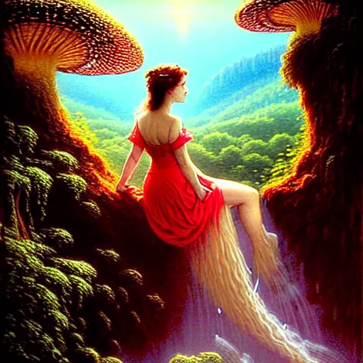 Image similar to an elegant fairy queen in a red lace dress sitting and looking out at a lord of the rings scenery landscape, vast lush valley flowers and giant mushroom structures, waterfall, river, sunrise, god's rays highly detailed, vivid colour, soft clouds, floral sunset, cinematic lighting, perfect composition, gustave dore, derek zabrocki, greg rutkowski, belsinski