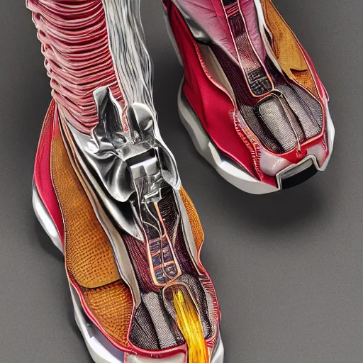 Image similar to futuristic balenciaga and vetements sneakers made out of live parts, cable, nerves, organs, by cronenberg, ultra rendered extreme realism and detail, 8 k, highly detailed, realistic, completely framed, pbr, surreal, hyper realistic, colorful, direct lighting, 3 5 mm photo, photorealistic, sharp focus,