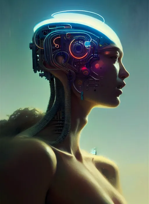 Image similar to a portrait of cyborg transcendence, surrealism, surrealist conceptual art, realist, digital painting, aesthetics, soft, sharp focus, vintage, artstation hd, by greg rutkowski, bruce pennington, valentina remenar and asher duran