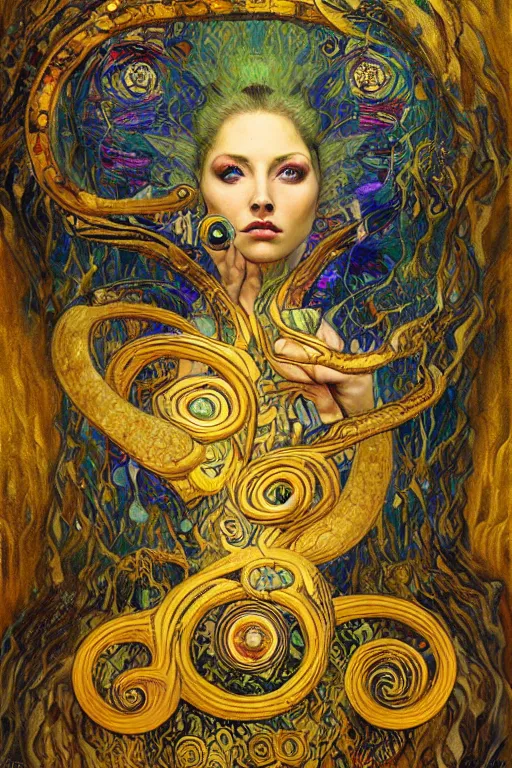 Prompt: Rebirth by Karol Bak, Jean Deville, Gustav Klimt, and Vincent Van Gogh, mysterious portrait of a sacred serpent, Surreality, radiant halo, shed iridescent snakeskin, otherworldly, enigma, fractal structures, celestial, arcane, ornate gilded medieval icon, third eye, spirals