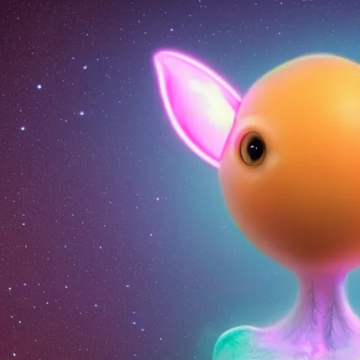 Image similar to an alien with a face that looks like a fuzzy peach the peach is fuzzy pink warm and ripe the alien has horns and a mean smile, 4k, highly detailed, high quality, amazing, high particle effects, glowing, majestic, soft lighting