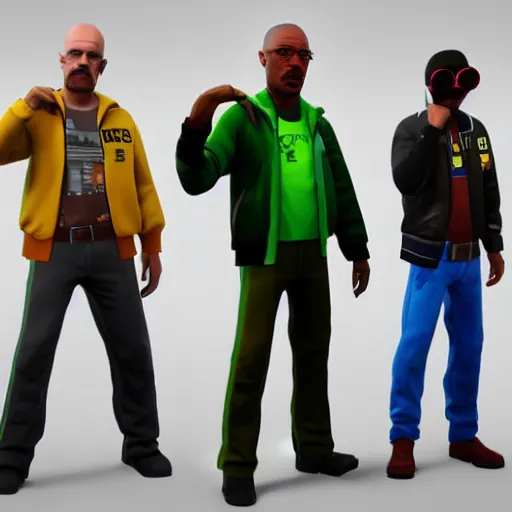 Image similar to walter white, jesse pinkman, and gus fring as fortnite skins, 3 d model, high resolution
