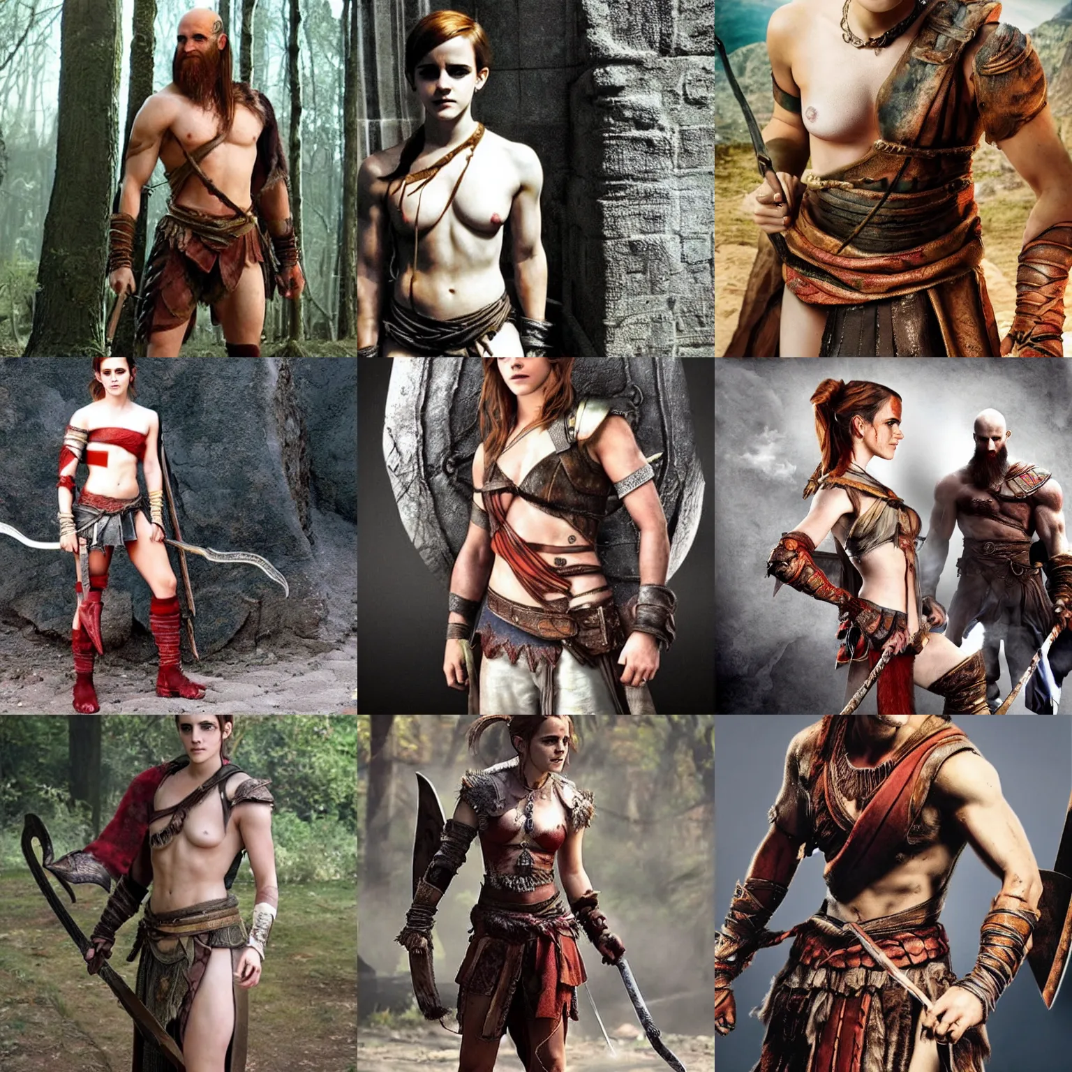 Prompt: Emma Watson as Kratos, brutal, full body