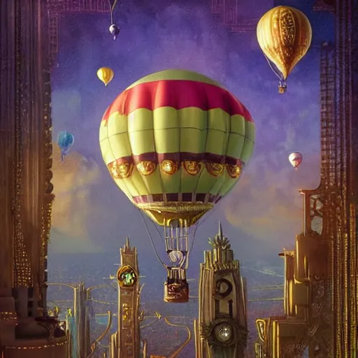 Image similar to a stunning fantasy scene of a steampunk hot - air balloon flying over an art deco city with a clock - tower | highly detailed | very intricate | disney pixar | steampunk | dramatic romantic epic breathtaking whimsical magical | bokeh moon stars | professional cinematic lighting | artdeco | painted by beeple and rhads and donato giancola | bold color palette | featured on artstation