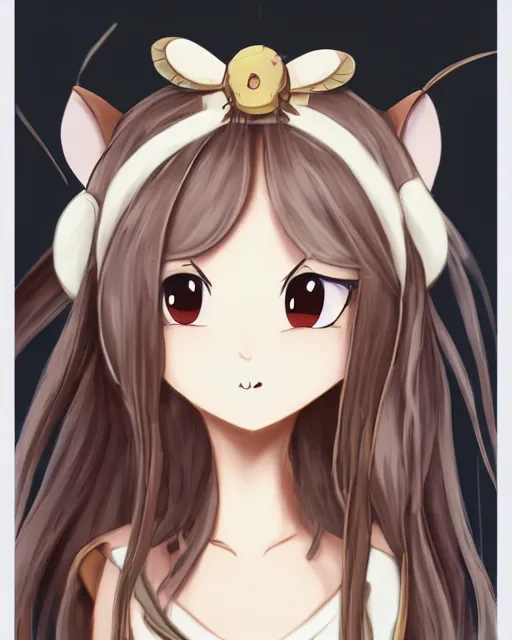 Image similar to A cute wakfu-style frontal painting of a very very beautiful anime skinny mousegirl with long wavy brown colored hair and small mouse ears on top of her head wearing a cute black dress and black shoes looking at the viewer, elegant, delicate, feminine, soft lines, higly detailed, smooth , pixiv art, ArtStation, artgem, art by alphonse mucha Gil Elvgren and Greg rutkowski, high quality, digital illustration, concept art, very long shot, game character