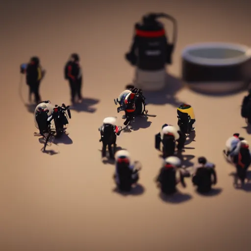 Image similar to tilt-shift photography of a group of scuba divers inside of a coffee mug, 8k, highly detailed, realistic