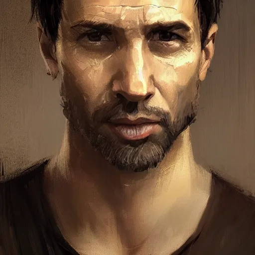 Image similar to Portrait of a man by Greg Rutkowski, he is about 40 years old, southern slav features, messy brown short hair, strong and tall, tired expression, he is wearing a black tank top, highly detailed portrait, digital painting, artstation, concept art, smooth, sharp foccus ilustration, Artstation HQ.