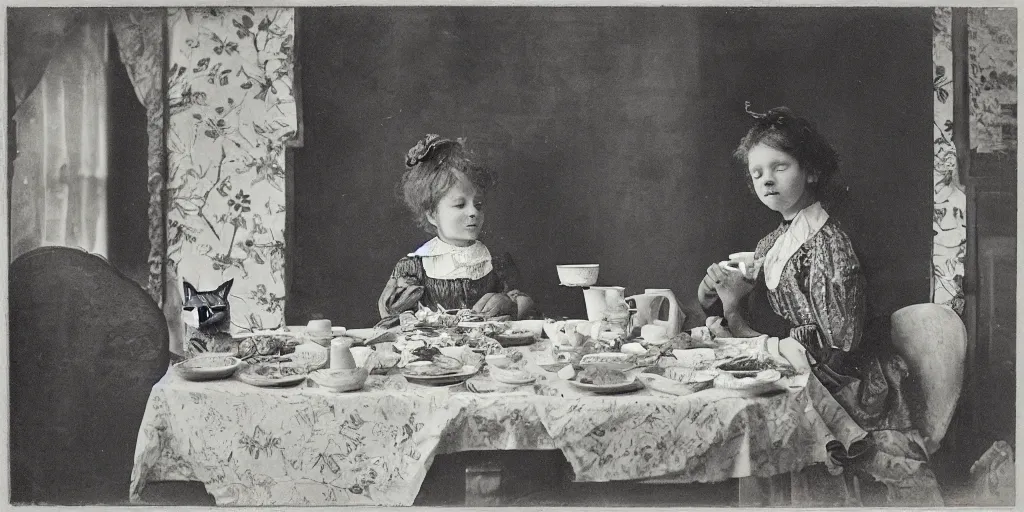 Prompt: a girl has breakfast with her cat at the table filled with food, flowery wallpaper, 1 8 8 0 s style, professional photography