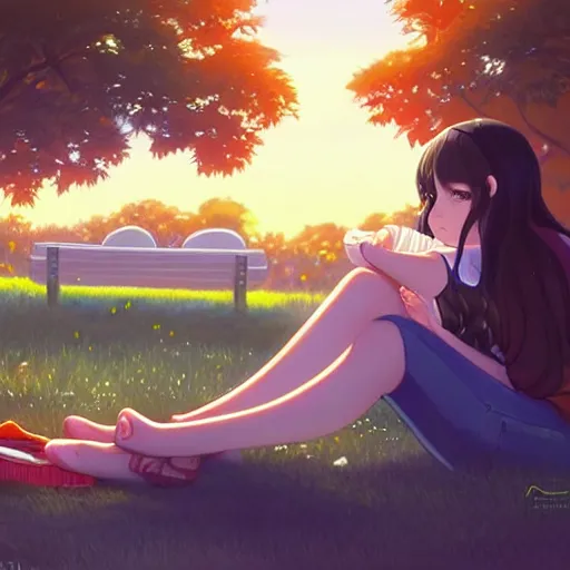 Image similar to a beautiful girl with long dark hair, sitting in the park next to a young boy who has dark hair, sunset, evening, sharp focus, intricate, digital painting, artstation, official media, anime key visual, highly detailed, rich vivid colors, ambient lighting, illustration, art by Artgerm, Makoto Shinkai, Ilya Kuvshinov, Lois Van Baarle, and Rossdraws