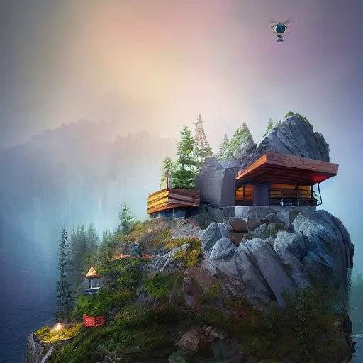 Prompt: a cozy colorful cabin carved into a mountain, view of the ocean, fog, dramatic lighting, artstation, matte painting, raphael lacoste, simon stalenhag, frank lloyd wright, zaha hadid, drone view