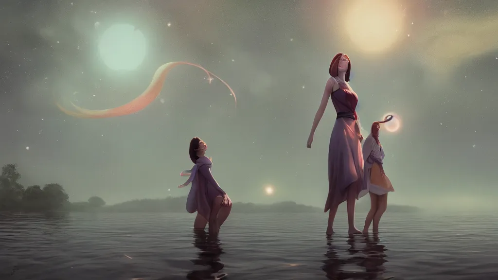 Image similar to whimsical, beautiful playful women, wearing professional makeup, standing in a lake, breathing out stars, a binary black hole with a ring in the sky, by Studio Ghibli, by Greg Rutkowski, by Steve Argyle, face enhance, volumetric lighting, 4k resolution, octane render, trending on artstation