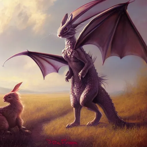 Prompt: cute dragon and a rabbit roaming the windswept field dave dorman edson campos christopher young jeff simpson allison carl hiro izawa paul chadeisson pastel painting