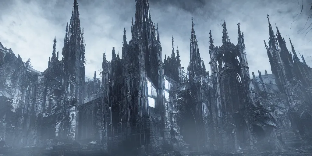 Image similar to grimdark tsutomu nihei aposimz gothic cathedral city, unreal engine, 8 k, ultra realistic, ultra detail