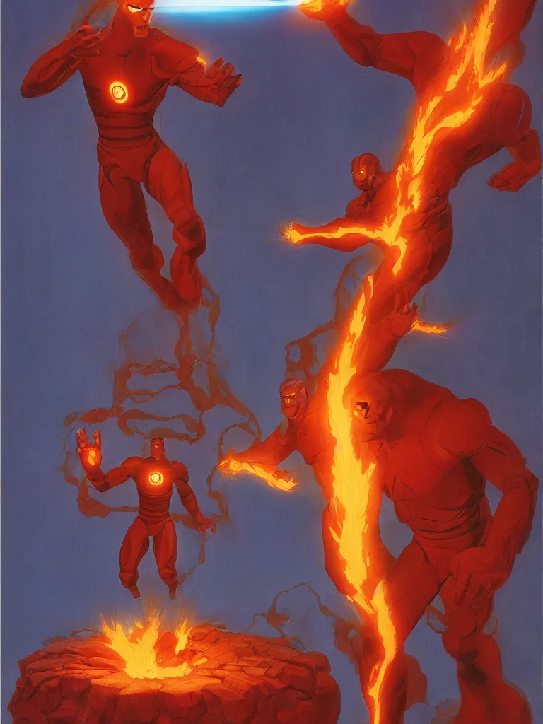Prompt: human torch and the thing, concept art, illustration, sci-fi, volumetric lighting, art by ralph mcquarrie