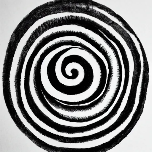 Image similar to a fibonacci spiral in micron black ink, on textured matte paper, studio lighting