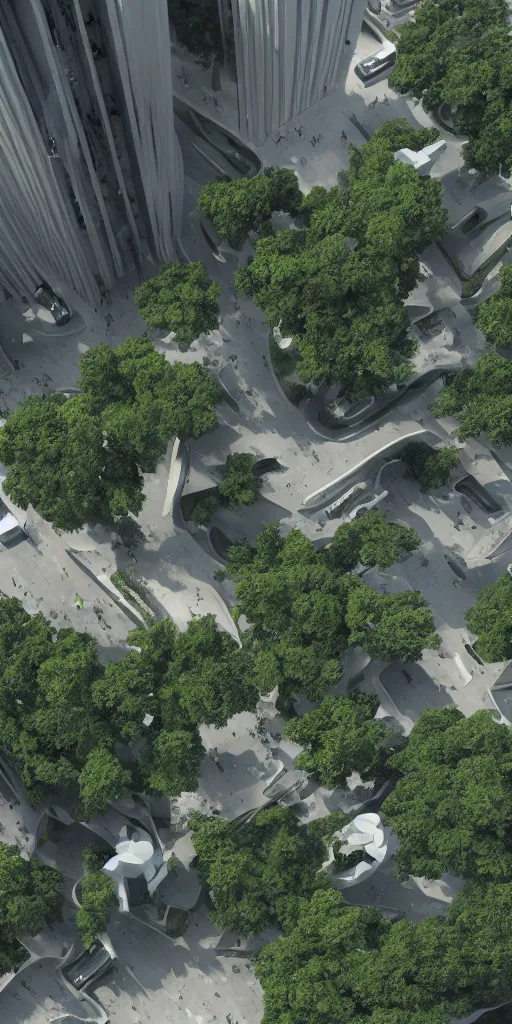 Prompt: street view of green building in city designed by zaha hadid with trees and people walking, birds flying, cinematic, ray traced, octane render, cinematic lighting, vfx film, ultrarealistic, featured on artstation, 8 k