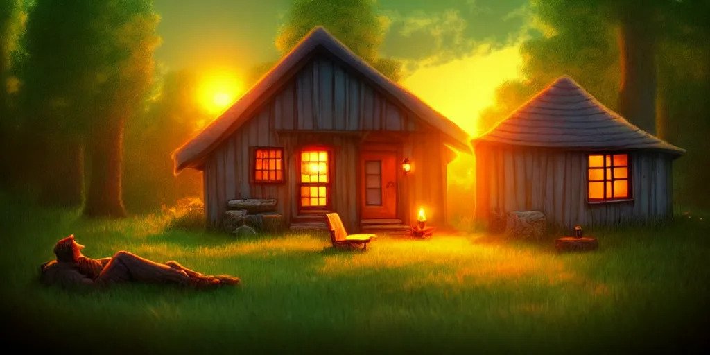 Prompt: a cozy little house in the woods, relaxing, 3 d concept art by scott zenteno, chill, relaxing, peaceful, sunset, extremely detailed art