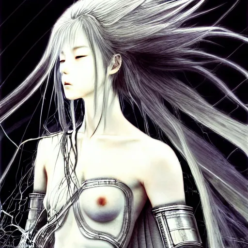 Image similar to yoshitaka amano blurred and dreamy realistic illustration of an anime girl with wavy white hair and cracks on her face wearing elden ring armour with the cape fluttering in the wind, abstract black and white patterns on the background, noisy film grain effect, highly detailed, renaissance oil painting, weird portrait angle