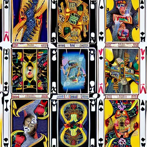 Image similar to full set of illuminati playing cards in the style of Salvador Dali, hyper-realistic, highly detailed, intricate detail, depth of field, High definition, 8k, octane render, artstation