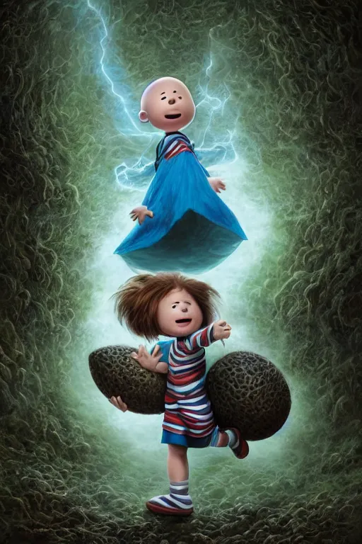 Prompt: Peppermint Patty from Charlie Brown, by tomasz alen kopera and Justin Gerard, smiling, green striped shirt, football, symmetrical features, ominous, magical realism, texture, intricate, ornate, royally decorated, whirling blue smoke, embers, radiant colors, fantasy, trending on artstation, volumetric lighting, micro details, 3d sculpture, ray tracing, 8k, anaglyph effect