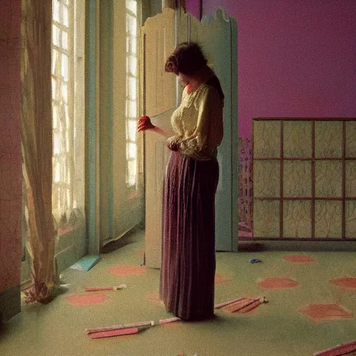 Image similar to a young ivory and golden filigree girl in an soviet liminal abandoned room, film still by wes anderson, depicted by balthus, limited color palette, very intricate, art nouveau, highly detailed, lights by hopper, soft pastel colors