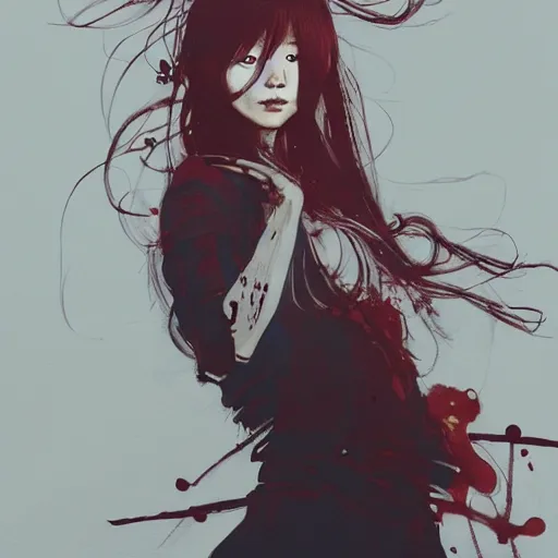 Image similar to full body portrait of a korean schoolgirl with long hair and bangs, her arms are mutating into thin red tedrils, dramatic lighting, illustration by Greg rutkowski, yoji shinkawa, 4k, digital art, sci-fi horror concept art, trending on artstation