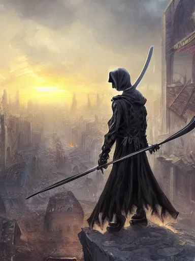 Prompt: the grim reaper holding a scythe, trought a destroyed city with people scared. the sun starting to rise during the twilight in the background. intricate, elegant, highly detailed, digital painting, artstation, concept art, sharp focus, illustration, by justin gerard and artgerm, 8 k