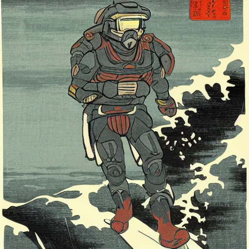 Prompt: master-chief in the style of Hokusai