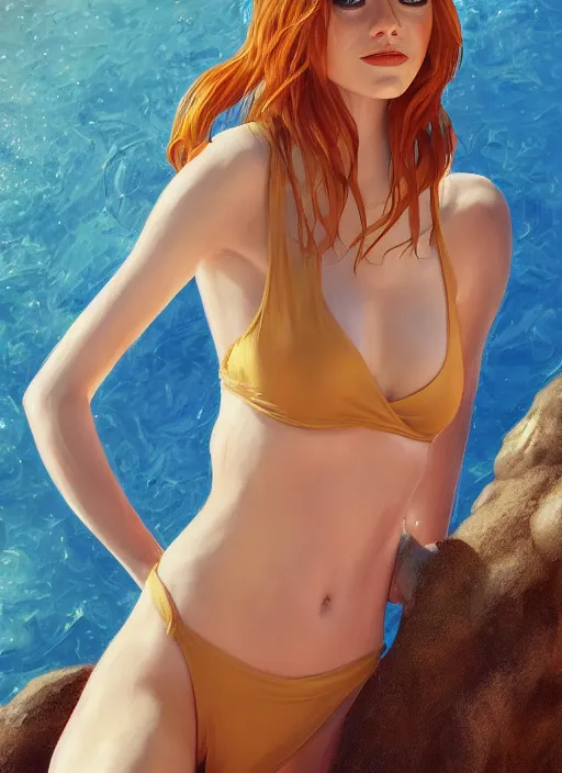 Image similar to portrait of Emma Stone in swimsuit, au naturel, hyper detailed, digital art, trending in artstation, cinematic lighting, studio quality, smooth render, unreal engine 5 rendered, octane rendered, art style by klimt and nixeu and ian sprigger and wlop and krenz cushart