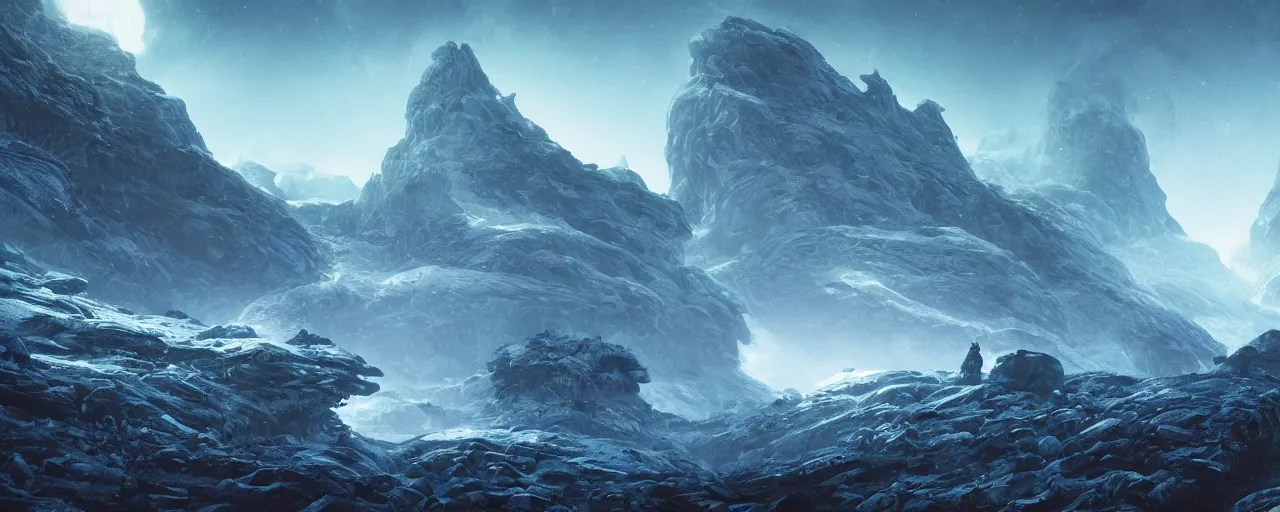 Image similar to ” glacier alien landscape, [ cold, cinematic, detailed, epic, widescreen, opening, establishing, mattepainting, photorealistic, realistic textures, octane render, art by slop and paul lehr ] ”