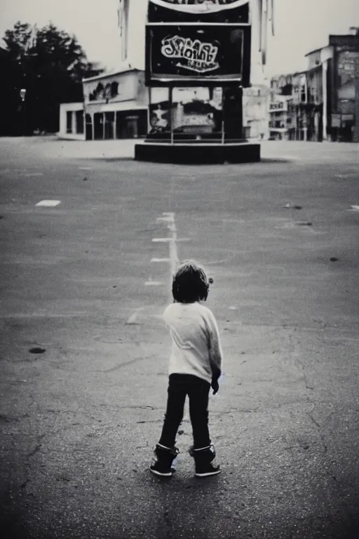 Prompt: photo polaroid of sad and lonely child in the middle of the street, looks towards a funfair, loneliness, black and white ,photorealistic, 35mm film,high detailed