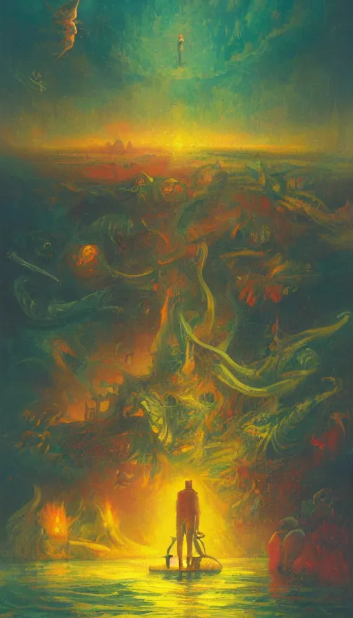 Prompt: man on boat crossing a body of water in hell with creatures in the water, sea of souls, by paul lehr,