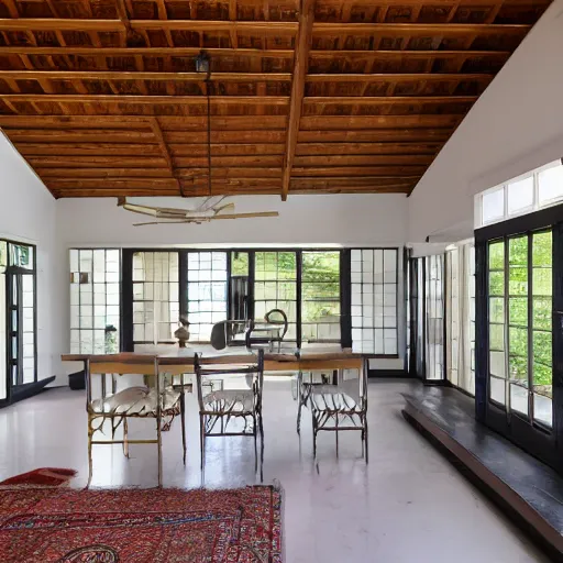 Image similar to A residential house built in a colonial style with a renovated usoian upper floor, a brutalist sunroom on the right hand side, and a bauhaus roof line. well lit from the inside, Real estate photography