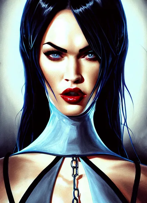 Image similar to portrait of megan fox as a evil demon, collar and leash, batwings, hell, dark, intricate, headshot, key visual, conceptart, ambient lighting, highly detailed, digital painting, artstation, concept art, sharp focus, by makoto shinkai and akihiko yoshida and greg manchess