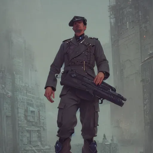 Image similar to a highly detailed epic cinematic concept art CG render digital painting artwork costume design: 1980s dieselpunk Soviet policeman. By Greg Rutkowski, Ilya Kuvshinov, WLOP, Stanley Artgerm Lau, Ruan Jia and Fenghua Zhong, trending on ArtStation, subtle muted cinematic colors, made in Maya, Blender and Photoshop, octane render, excellent composition, cinematic atmosphere, dynamic dramatic cinematic lighting, precise correct anatomy, aesthetic, very inspirational, arthouse