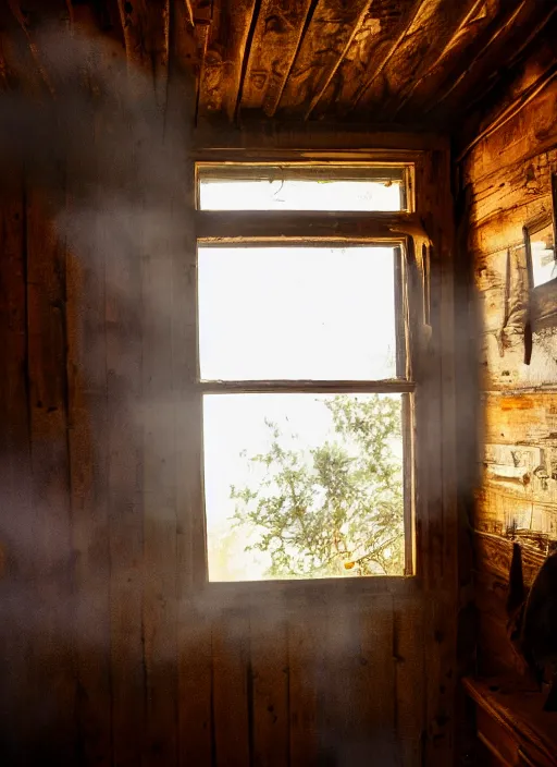 Prompt: a film production still, 2 8 mm, wide shot of a rooster, cabin interior, wooden furniture, cobwebs, spiderwebs, window light illuminates dust in the air, abandoned, depth of field, cinematic