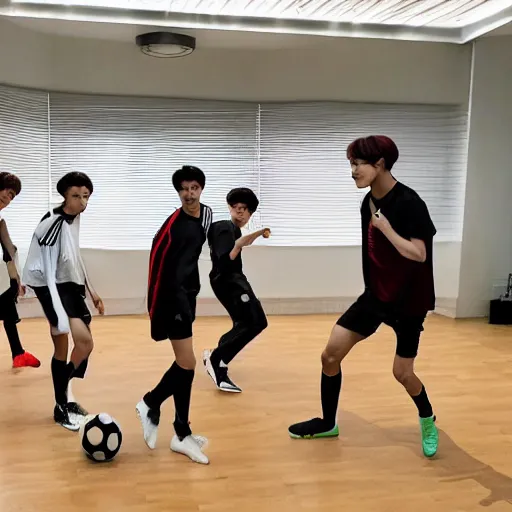 Image similar to bts playing soccer in their house.