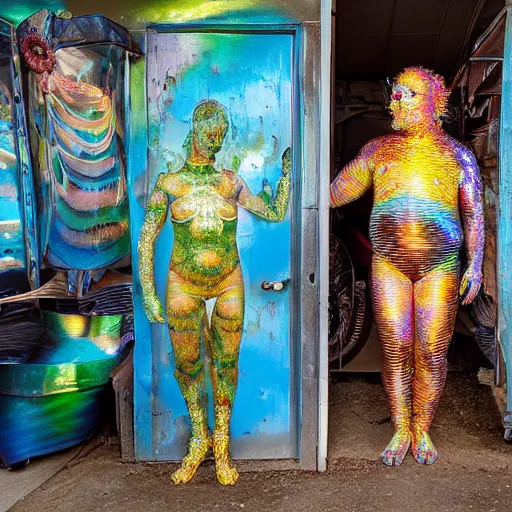 Prompt: a human standing in his garage, covered with iridescent bodypaint, shells and barnacles