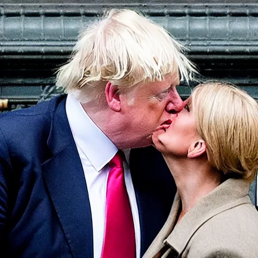 Image similar to a paparazzi photo of boris johnson kissing donald trump along the houses of parliament, london, the sun newspaper, detailed, canon eos, f / 1. 2, 2 0 0 mm lens, photograph