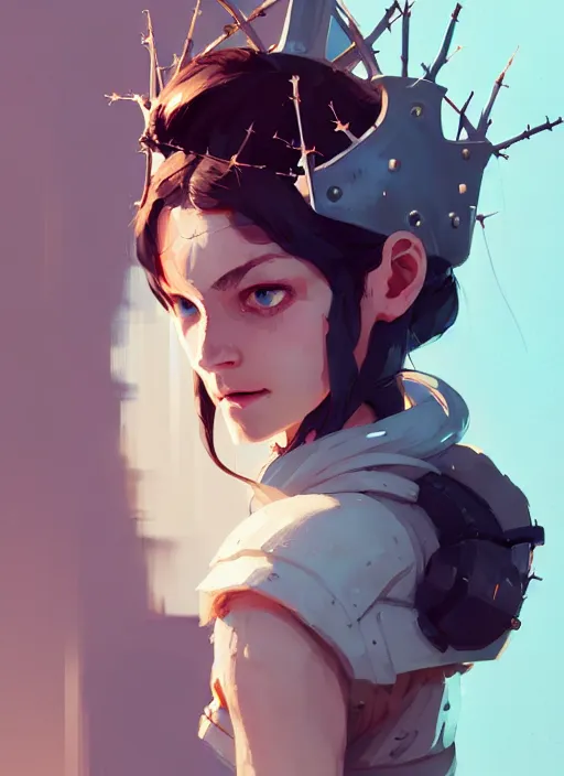 Image similar to portrait of cute maiden girl with crown of thorns and white short hairs, warhammer, cyberpunk, by atey ghailan, by greg rutkowski, by greg tocchini, by james gilleard, by joe gb fenton, by kaethe butcher, dynamic lighting, gradient light blue, brown, blonde cream and white color in scheme, grunge aesthetic